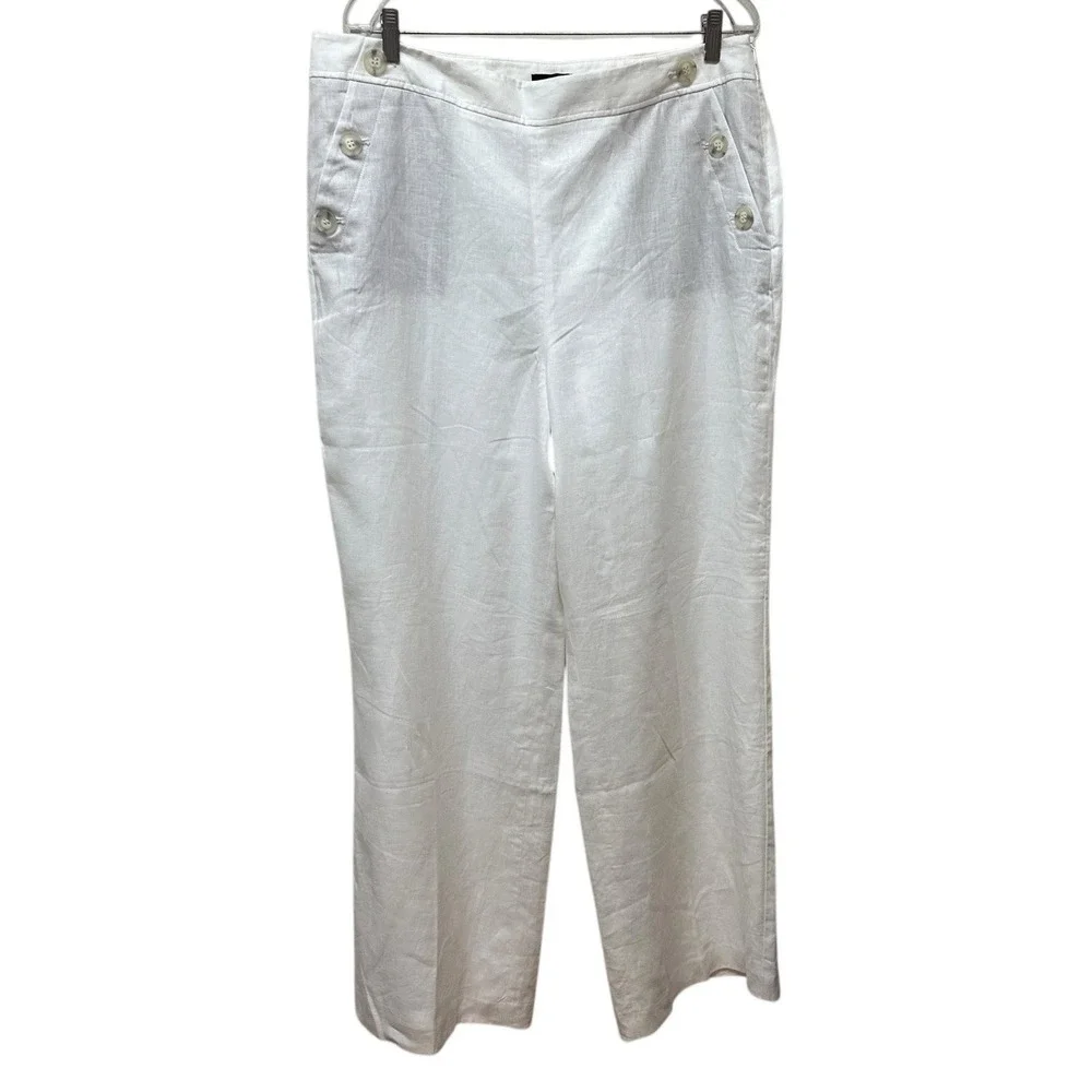 Talbots White Linen Women's Size 16 Wide Leg Pants Nautical Buttons Lined NEW